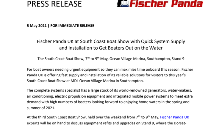 Fischer Panda UK at South Coast Boat Show with Quick System Supply and Installation to Get Boaters Out on the Water