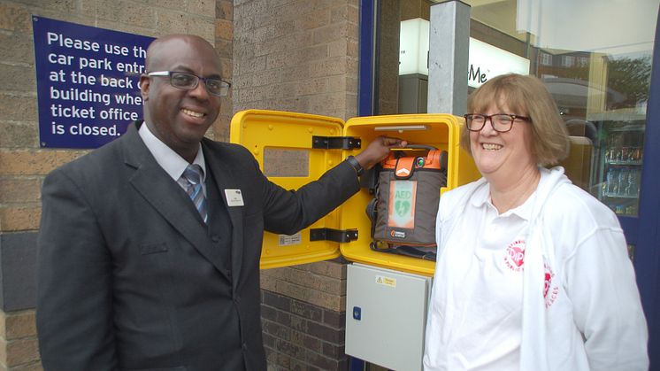 Relief Station Assistant Curtis Cassell used this defibrillator at Potters Bar station to save the life of a passenger. He's pictured here with Arline Hursey of the charity Defibrillators in Public Places (more pictures below)