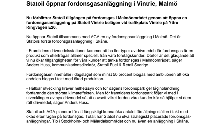 Statoil öppnar fordonsgasanläggning i Vintrie, Malmö