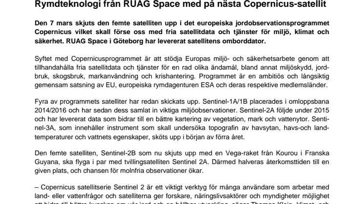 Rymdteknologi från RUAG Space med på nästa Copernicus-satellit