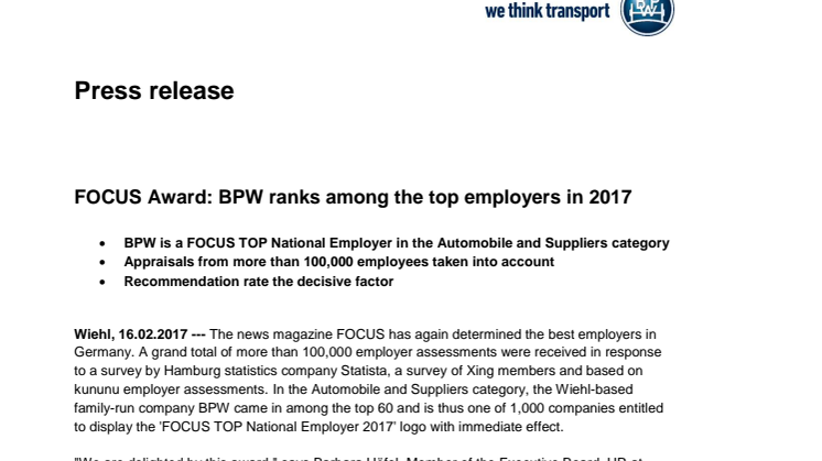 FOCUS Award: BPW ranks among the top employers in 2017