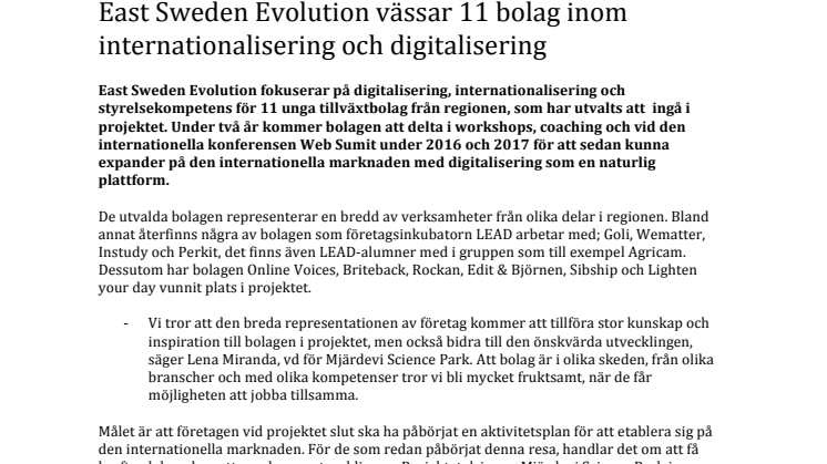 East Sweden Evolution vässar 11 bolag inom internationalisering och digitalisering