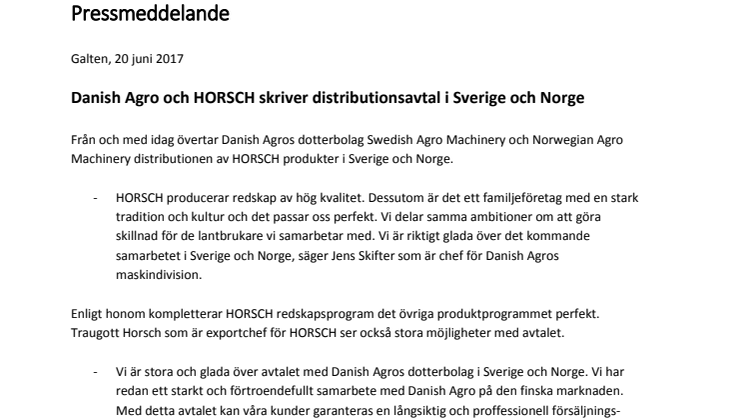 Danish Agro och HORSCH skriver distributionsavtal i Sverige och Norge