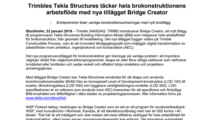 Trimbles Tekla Structures täcker hela brokonstruktionens  arbetsflöde med nya tillägget Bridge Creator – Entreprenörer löser vanliga konstruktionsutmaningar med nytt brotillägg