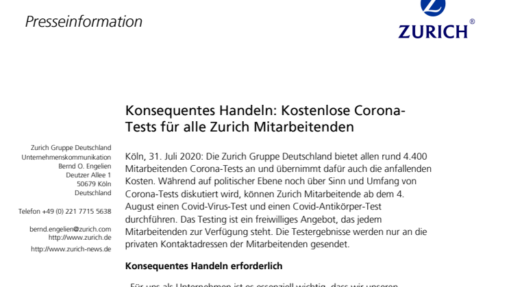 Konsequentes Handeln: Kostenlose Corona-Tests für Zurich Mitarbeitende  