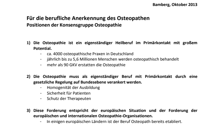 Positionspapier der Konsensgruppe zum Thema Berufsgesetz für Osteopathen