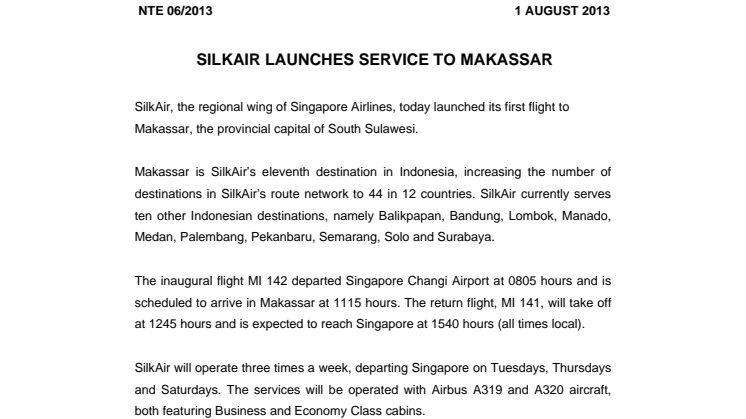 SilkAir Launches Service to Makassar