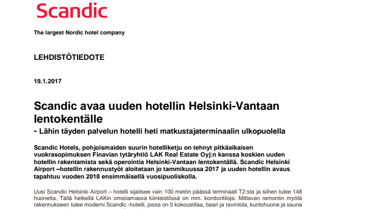 Scandic avaa uuden hotellin Helsinki-Vantaan lentokentälle - Lähin täyden palvelun hotelli heti matkustajaterminaalin ulkopuolella