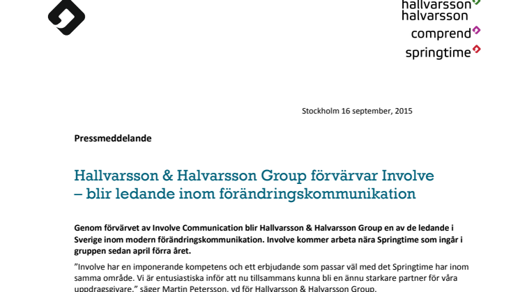 ​Hallvarsson & Halvarsson Group förvärvar Involve – blir ledande inom förändringskommunikation