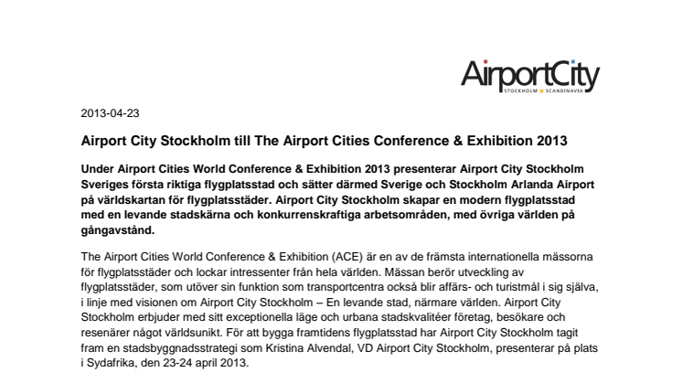Airport City Stockholm till The Airport Cities Conference & Exhibition 2013