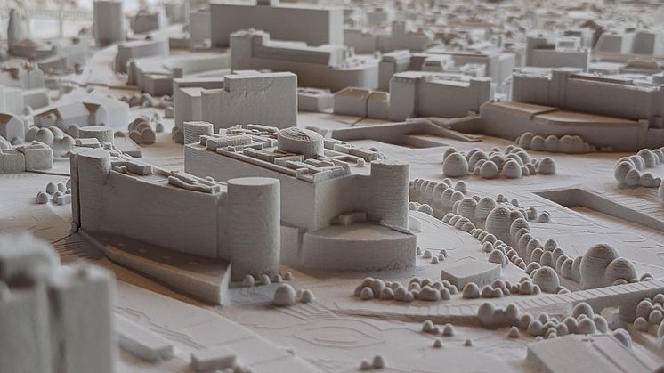 A close up of the display model featuring the recreation of Northumbria’s Design and Business schools.