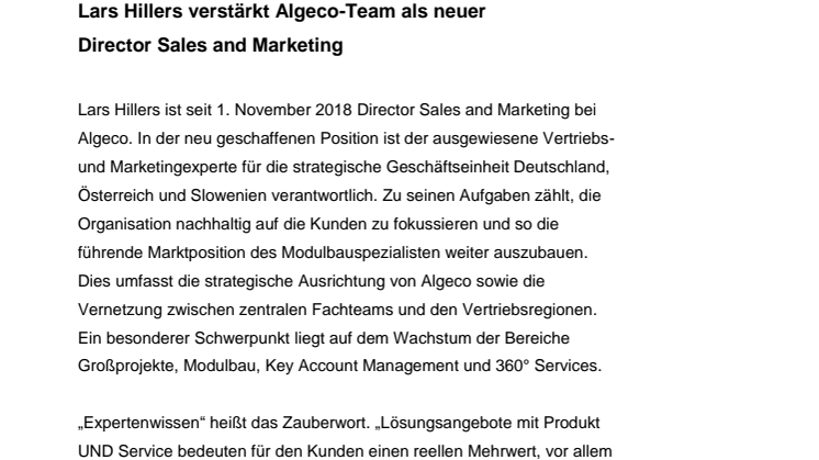 Lars Hillers verstärkt Algeco-Team als neuer  Director Sales and Marketing