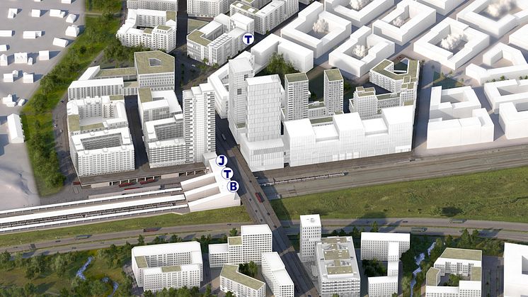 Visionsbild över Veddesta efter omvandlingen till stadsmiljö. Illustration: AIX Arkitekter.