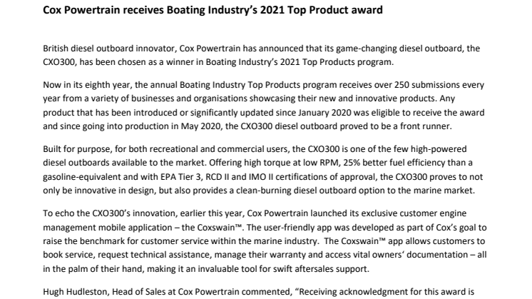 Cox Powertrain receives Boating Industry’s 2021 Top Product award
