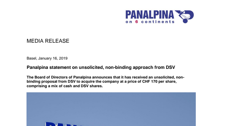 Panalpina statement on unsolicited, non-binding approach from DSV