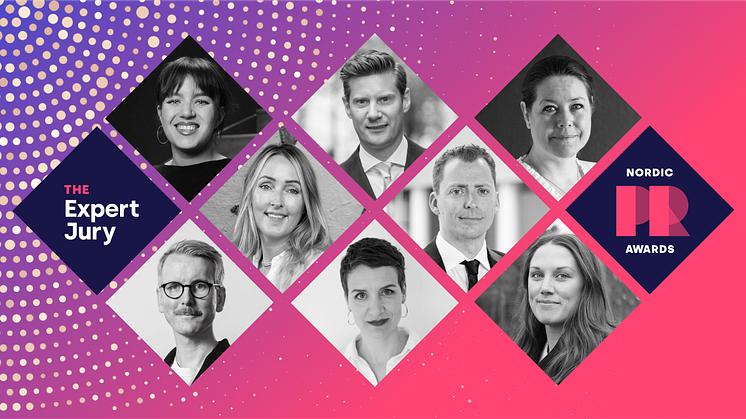 The expert jury for Mynewsdesk's Nordic PR Awards 2023 consist of (from top left) Hilde Tunge, Hampus Knutsson, Tale Olivia Henningsen, Matilda Wiechel, Jesper Anderssen, Adam Karseland, Åsa Blomberg and Matilda Adelborg. 
