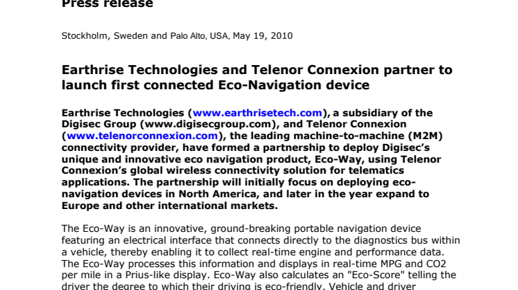 Earthrise Technologies and Telenor Connexion partner to launch first connected Eco-Navigation device 
