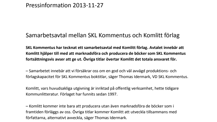 Samarbetsavtal mellan SKL Kommentus och Komlitt förlag