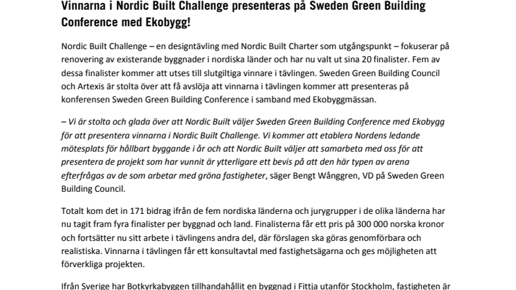Vinnarna i Nordic Built Challenge presenteras på Sweden Green Building Conference med Ekobygg!