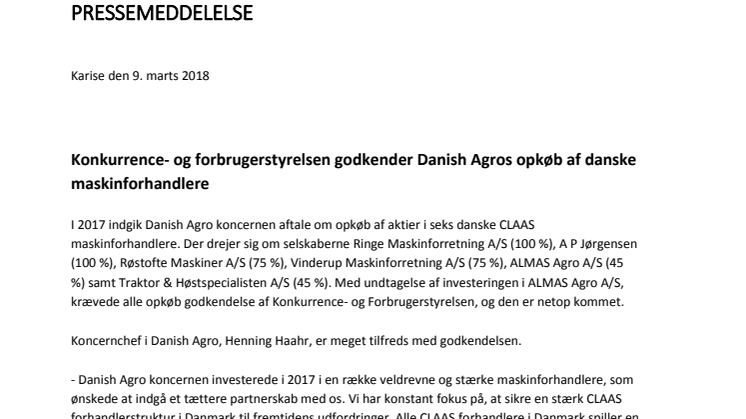 ​Danish Agros uppköp av sex maskinhandlare i Danmark godkänt av konkurrensverket