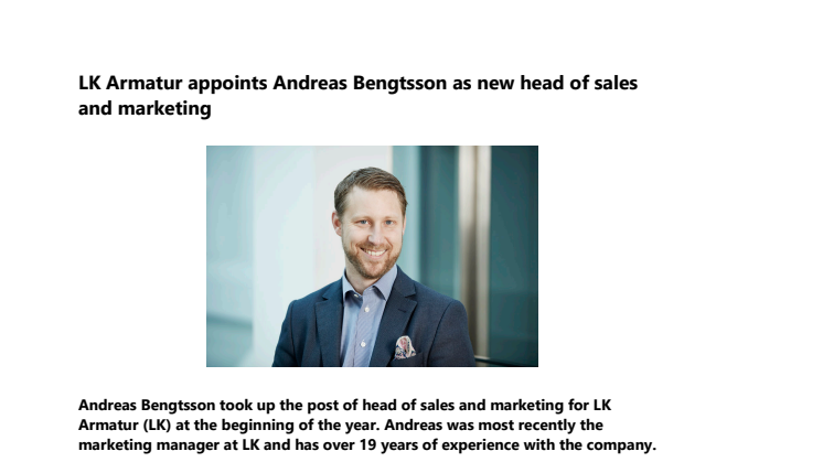 LK Armatur appoints Andreas Bengtsson as new head of sales and marketing
