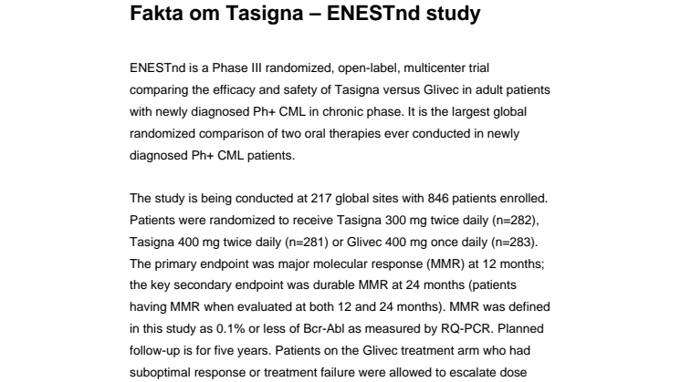 ENESTnd, fas III-studie: Effekt och säkerhet, Tasigna och Glivec bland vuxna med kronisk myeloisk leukemi