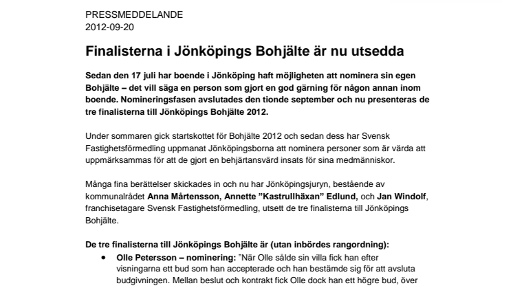 Finalisterna i Jönköpings Bohjälte är nu utsedda