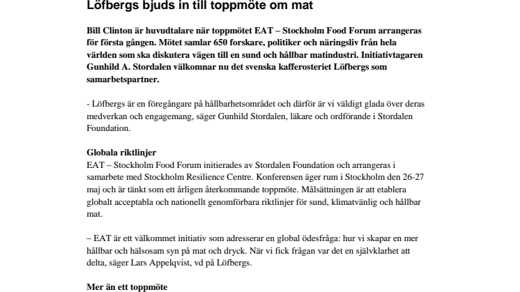 Löfbergs invited to summit on food
