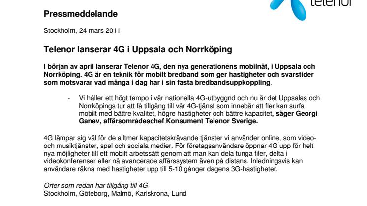 Telenor lanserar 4G i Uppsala och Norrköping