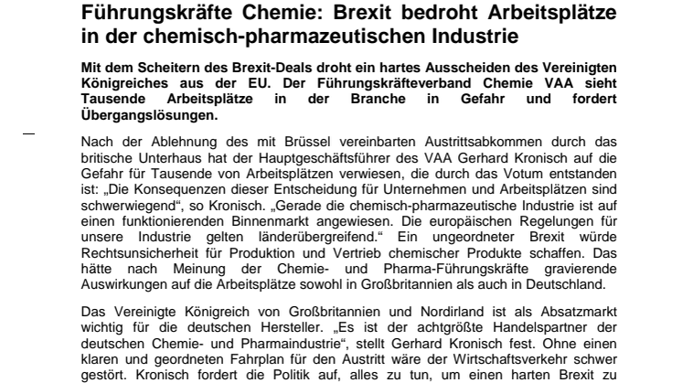 Führungskräfte Chemie: Brexit bedroht Arbeitsplätze in der chemisch-pharmazeutischen Industrie