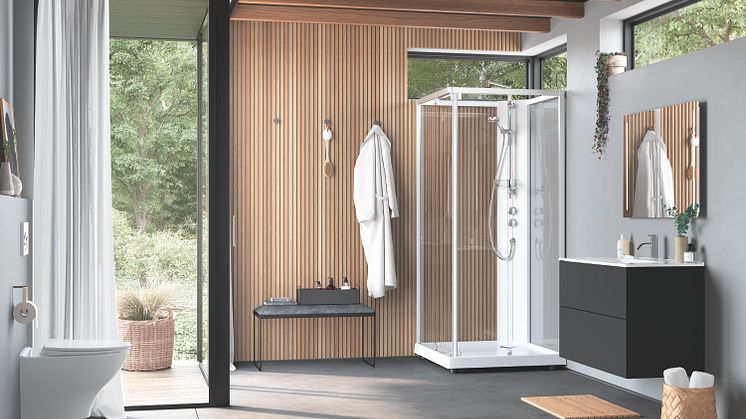 IDO Showerama 10-5 -suihkukaapin tukeva suihkuallas, keveästi liukuvat ovet ja laadukas suihkusekoittaja tuovat kylpyhuoneeseen arjen ylellisyyttä. Suihkukaappia on saatavilla myös viisikulmaisena.