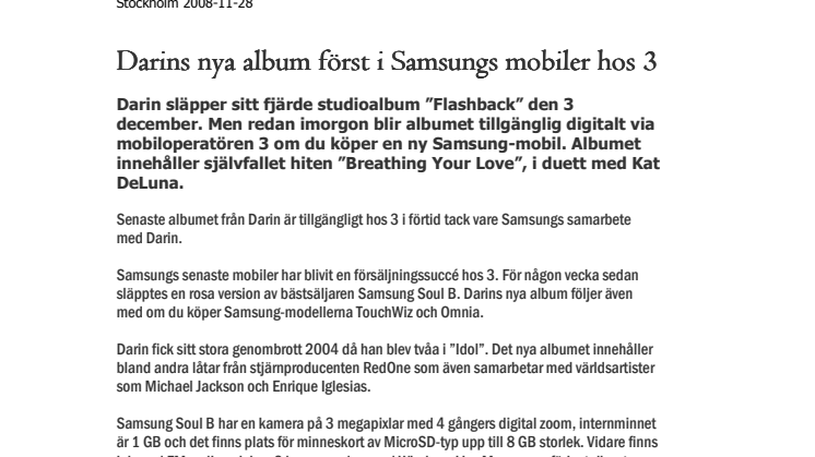 Darins nya album först i Samsungs mobiler hos 3