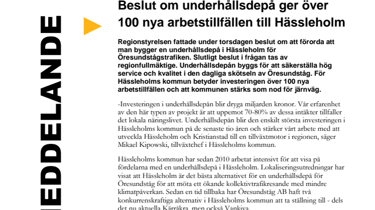 Beslut om underhållsdepå ger över 100 nya arbetstillfällen till Hässleholm