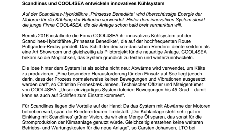 Scandlines und COOL4SEA entwickeln innovatives Kühlsystem