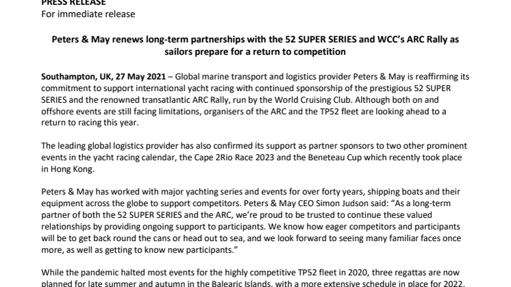 Peters & May renews long-term partnerships with the 52 SUPER SERIES and WCC’s ARC Rally as sailors prepare for a return to competition