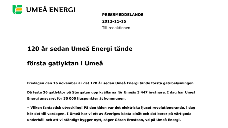 120 år sedan Umeå Energi tände första gatlyktan i Umeå