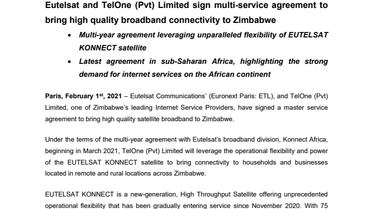 Eutelsat and TelOne (Pvt) Limited sign multi-service agreement to bring high quality broadband connectivity to Zimbabwe 