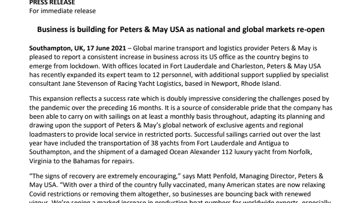 Business is building for Peters & May USA as national and global markets re-open