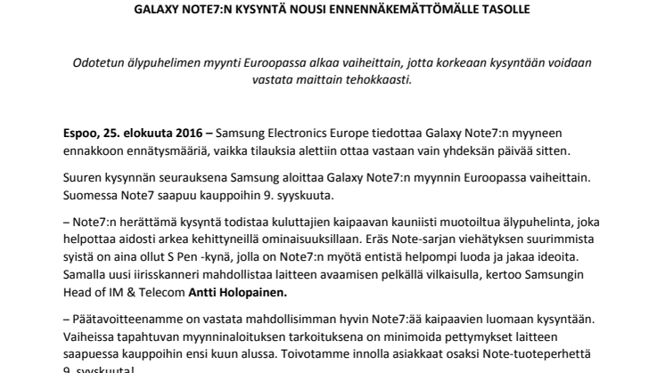 Galaxy Note7:n kysyntä nousi ennennäkemättömälle tasolle
