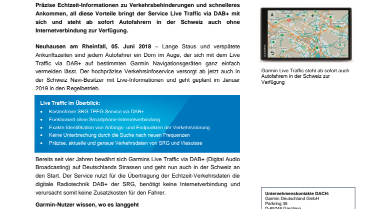Startklar: Garmin Live Traffic, Verkehrsinformationen in Echtzeit via DAB+ in der Schweiz