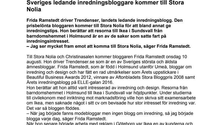 Sveriges ledande inredningsbloggare kommer till Stora Nolia