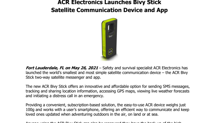 ACR Electronics Launches Bivy Stick Satellite Communication Device and App