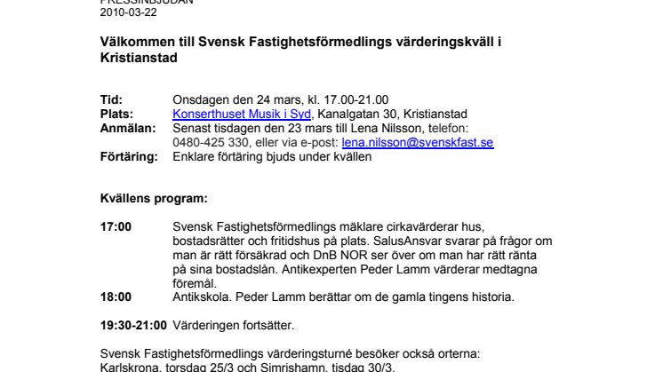 Pressinbjudan: Välkommen till Svensk Fastighetsförmedlings värderingskväll i Kristianstad 