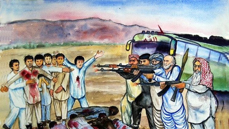Quetta juli 2011: En av många attacker riktade mot hazarer. I Afghanistan sker idag motsvarande sak: Bussar stoppas och talibaner eller andra terrorister dödar eller kidnappar de passagerare som är hazarer. Målning av anonym hazarisk konstnär.