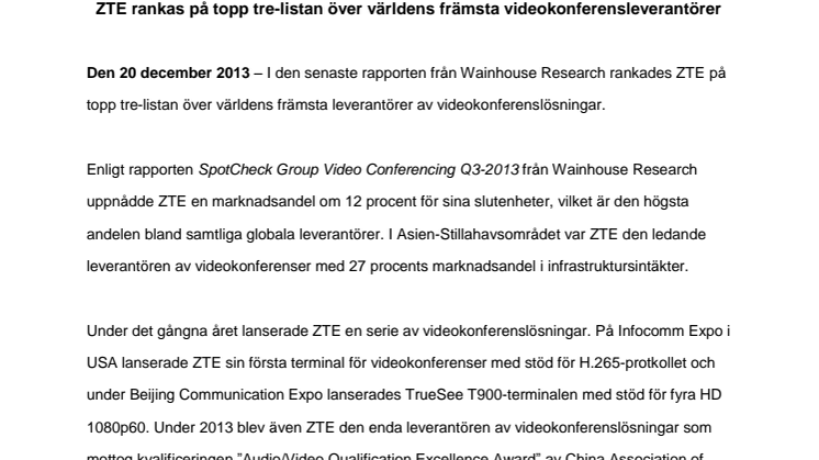 ZTE rankas på topp tre-listan över världens främsta videokonferensleverantörer