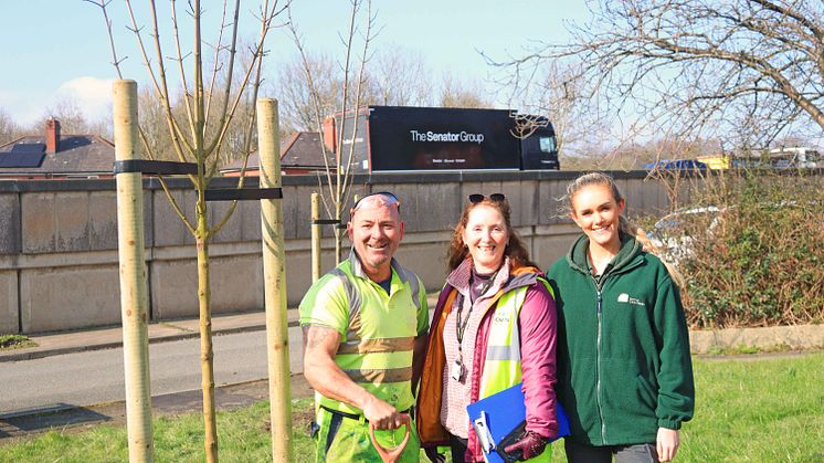 Planting new trees on the Chesham estate are (from left) Gary from Landscape Engineering; Fiona Hill, Home Energy Manager; and Abbie Saul from City of Trees.