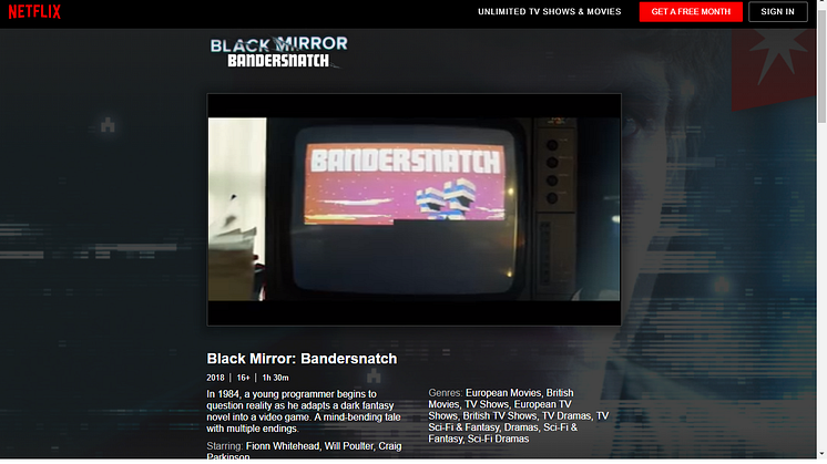 A screenshot of the Netflix page for Bandersnatch, a movie in which the viewer can choose the actions of the main character