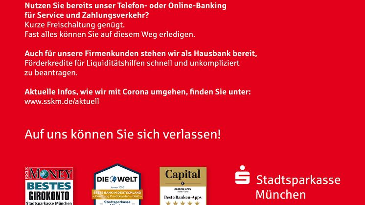 Die Stadtsparkasse München ist „Die Bank unserer Stadt“ –  erst recht in der Corona-Krise
