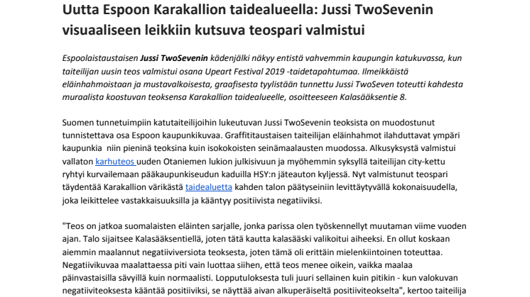 Uutta Espoon Karakallion taidealueella: Jussi TwoSevenin visuaaliseen leikkiin kutsuva teospari valmistui
