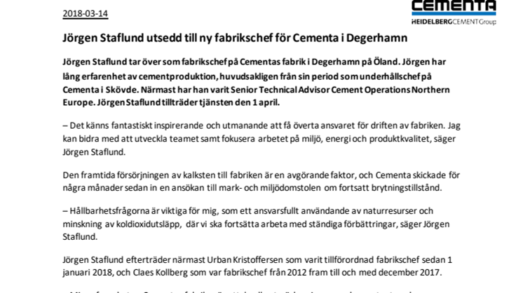 Jörgen Staflund utsedd till ny fabrikschef för Cementa i Degerhamn 